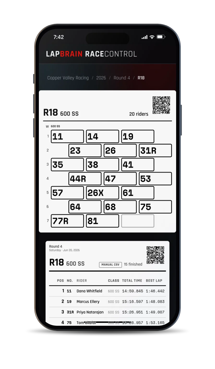 Race Control's grid page on a phone in the paddock